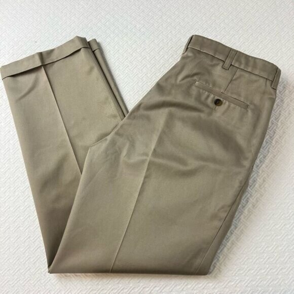 Haggar Men’s 34 X 32 Premium No Iron Cotton Khaki Pants Cuffed Hem Trousers Plea - Picture 1 of 15